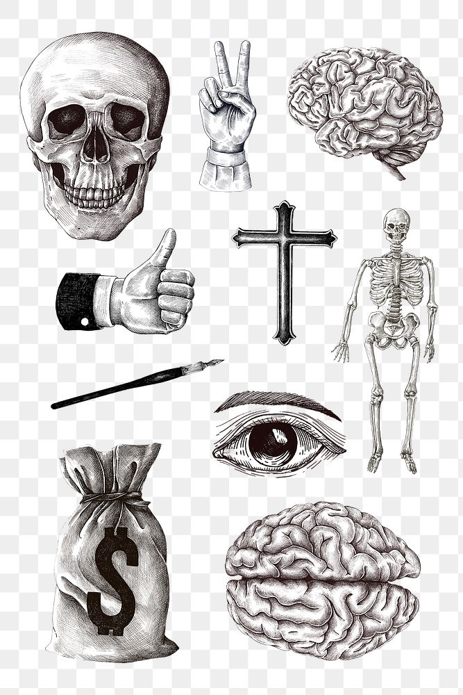 Hand drawn skull and cross design element set