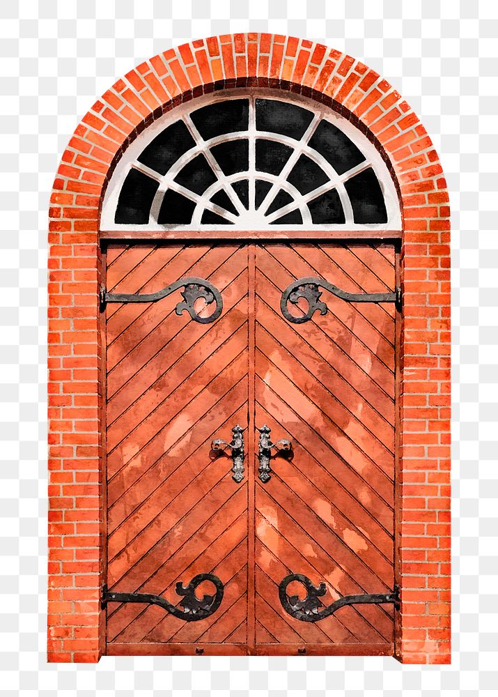 Watercolor arched png door clipart, church entrance with window
