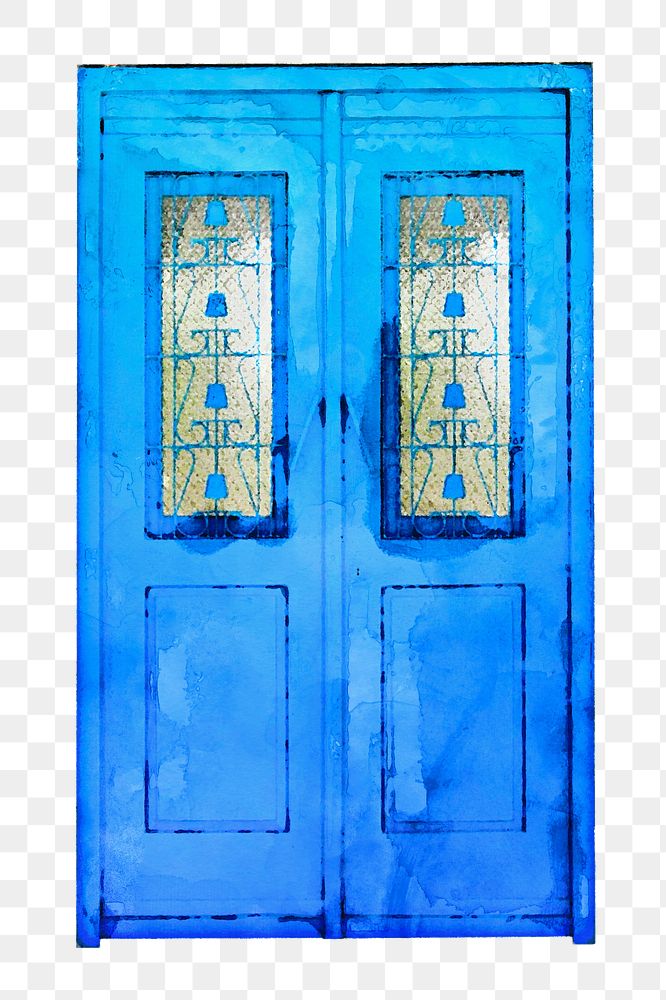 Blue French door png clipart, watercolor illustration