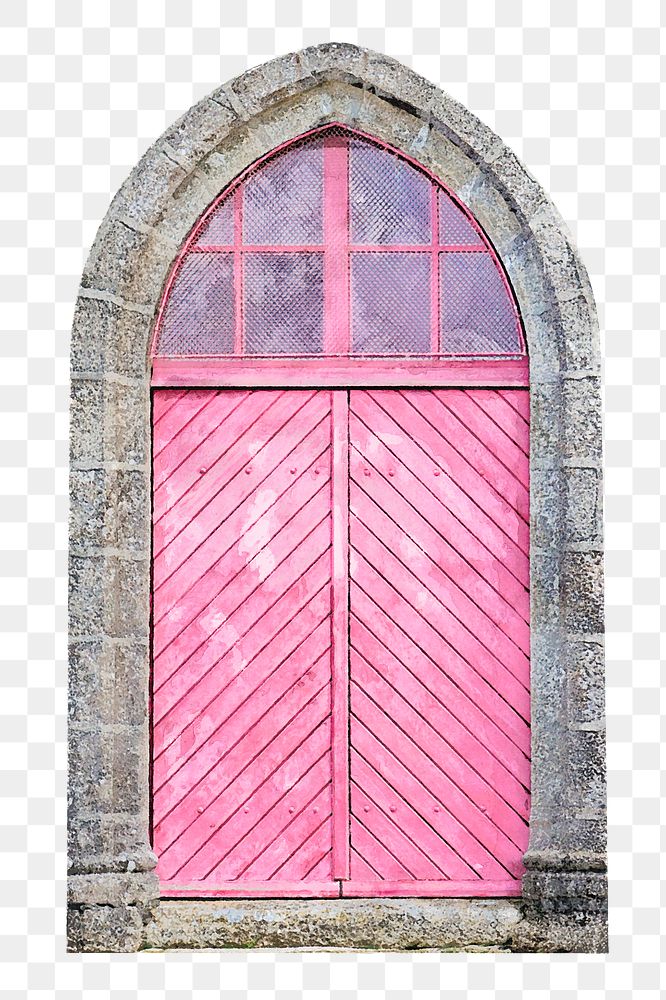 Pink church door png clipart, watercolor architecture illustration