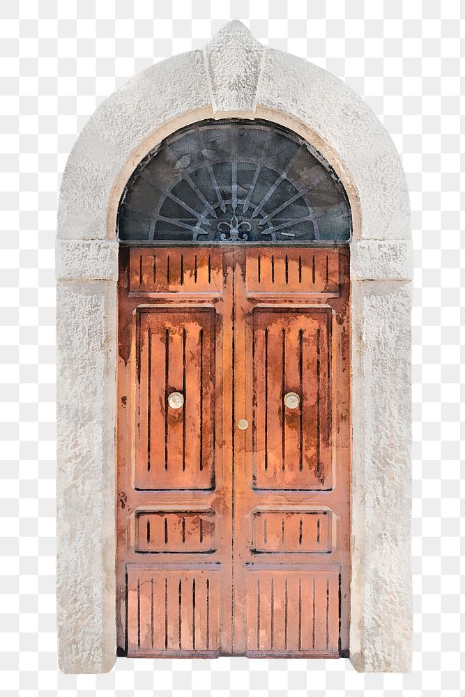Wooden door png clipart, watercolor barrel vault entrance