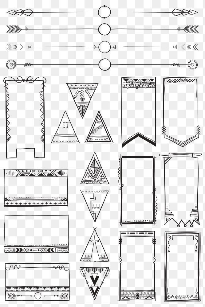 Png doodle hand drawn ornamental bohemian style set