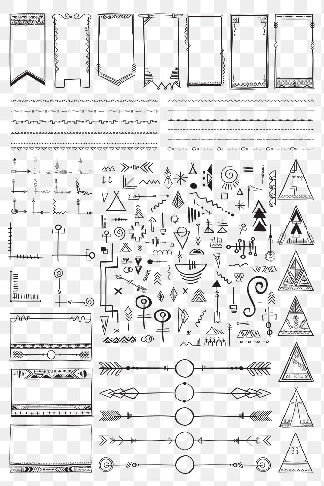 Png hand drawn doodle ornamental bohemian style set