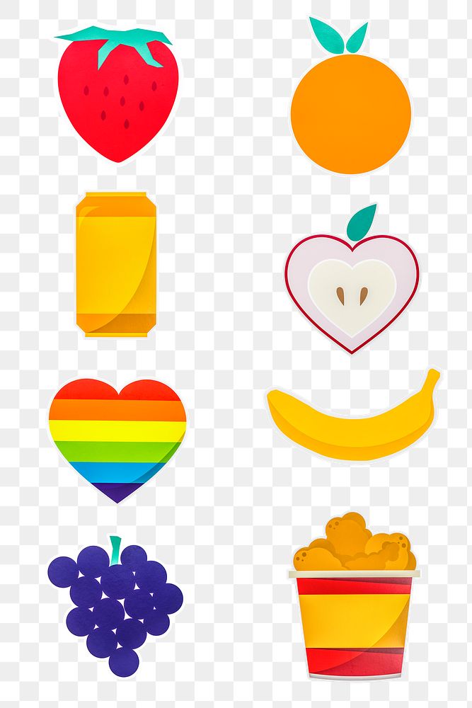 Mixed fruits and food icons design stickers set