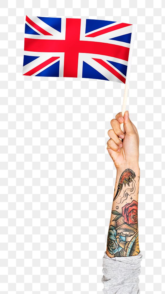 Png Union Jack flag in tattooed hand sticker, national symbol, transparent background