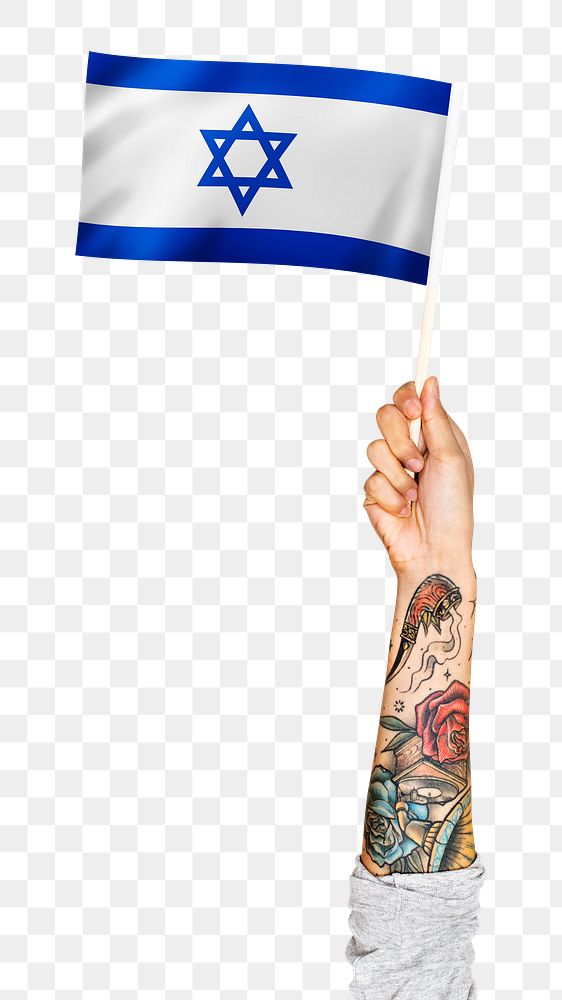 Israel's flag png in tattooed hand sticker on transparent background