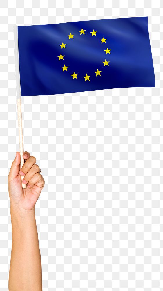 Png European Union flag in hand sticker, national symbol, transparent background
