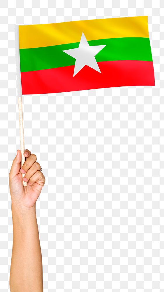 Myanmar's flag png in hand sticker on transparent background