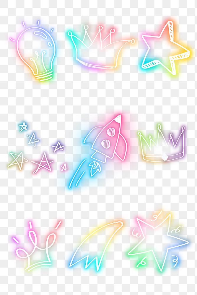 Rainbow neon png glow doodle set