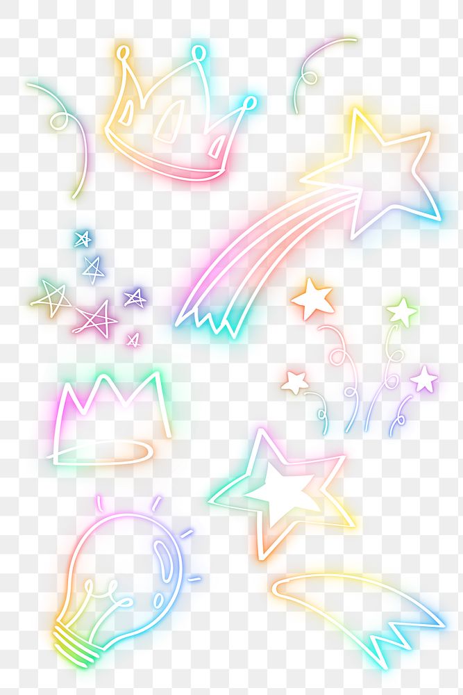 Glow rainbow neon doodle png illustration set