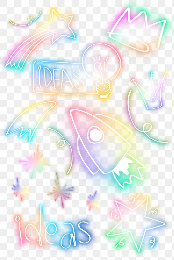 Glow rainbow neon doodle png illustration set