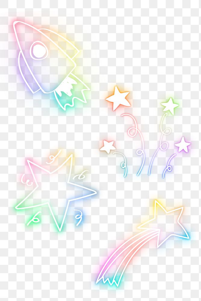 Colorful neon glow doodle star png set