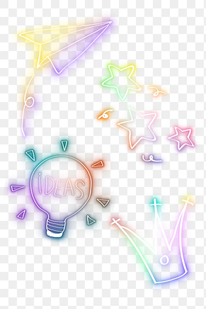 Colorful neon glow doodle png set