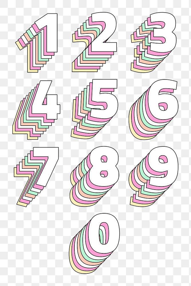 Layered number set png pastel stylized typography