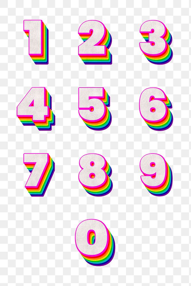 Png number set rainbow 3d effect