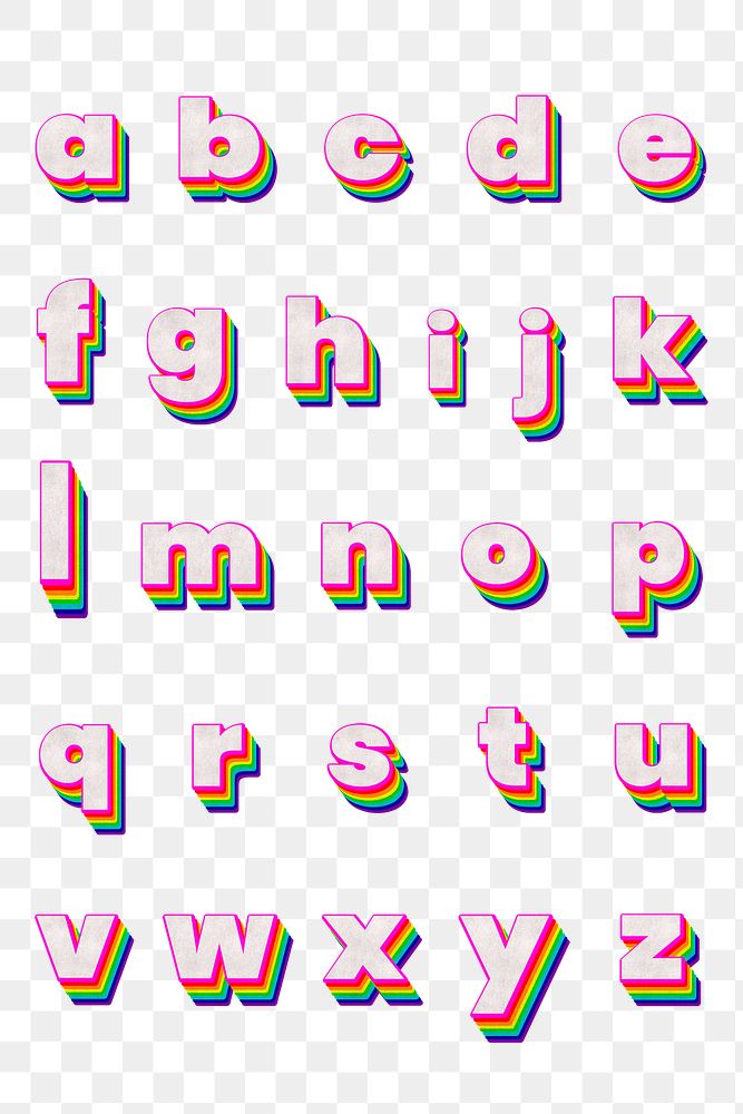 Layered A-Z alphabet png set lowercase letters rainbow font