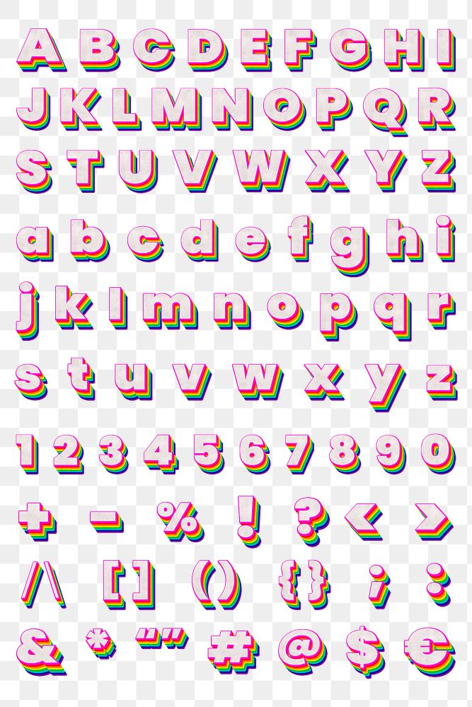 Layered A-Z alphabet png set symbols and numbers rainbow font