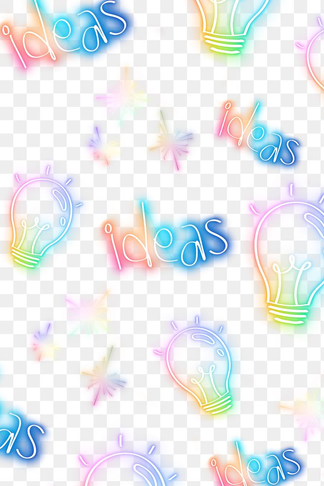 Png neon light bulb ideas word doodle pattern background