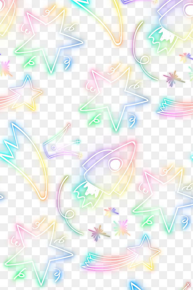 Neon star space shuttle doodle pattern background png
