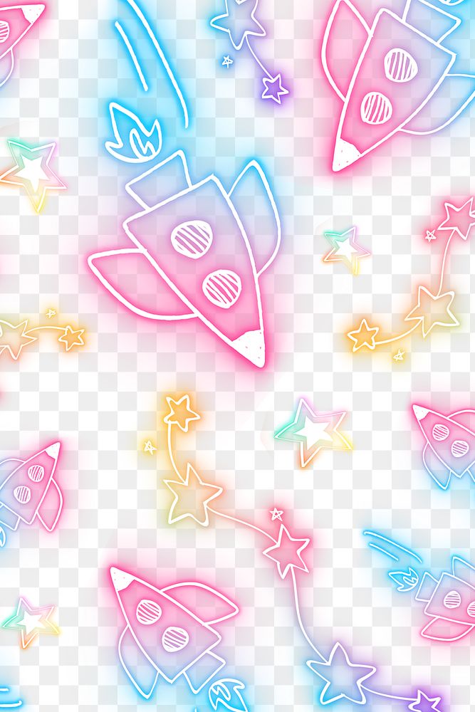 Neon rocket star doodle pattern background png
