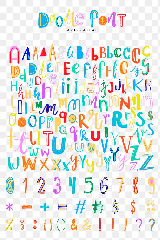 Alphabet symbol doodle png font style colorful set