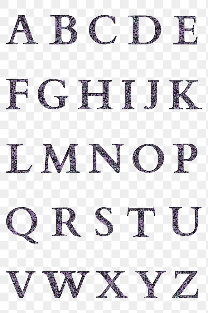 Floral font alphabet png set purple flower pattern upper case letter