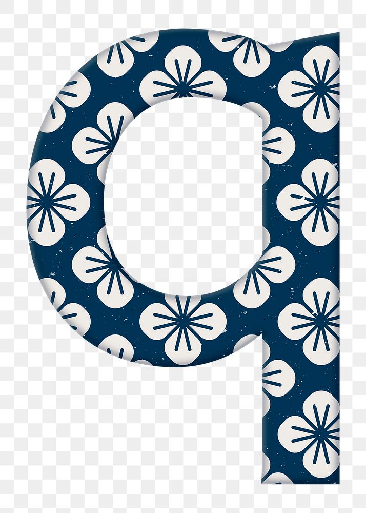Letter q Japanese floral png blue pattern typography
