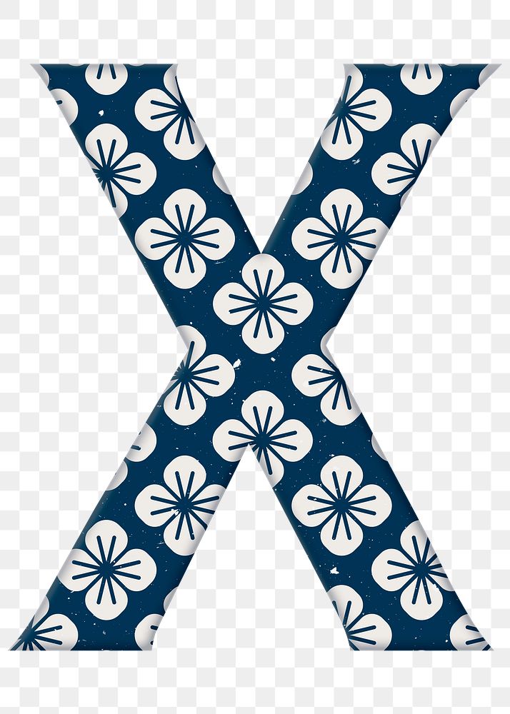 Letter x Japanese floral png blue pattern typography