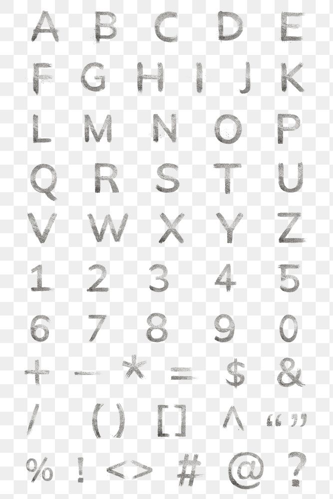 Silver glitter alphabet png set brush stroke letter symbol number font