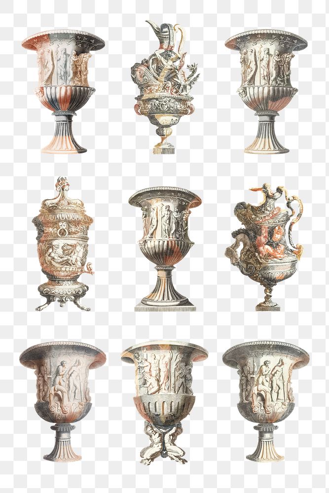 Ancient ornamental vase png sticker vintage illustration set