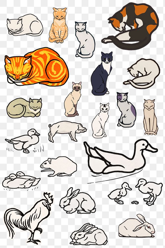 Vintage cat logo png sticker retro animal set