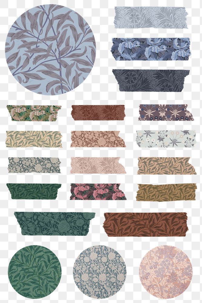 Png floral washi tape sticker set remix from artwork by William Morris