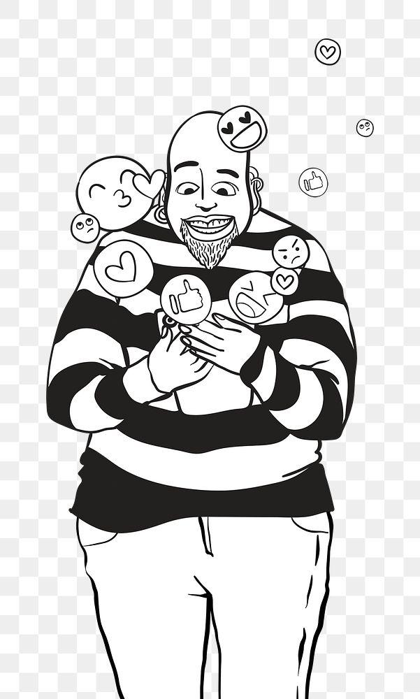 Man png social addiction grayscale doodle illustration