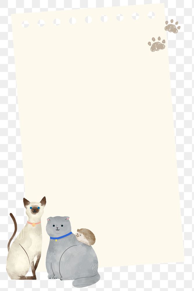 Paper note png with cute hand-drawn pets on transparent background
