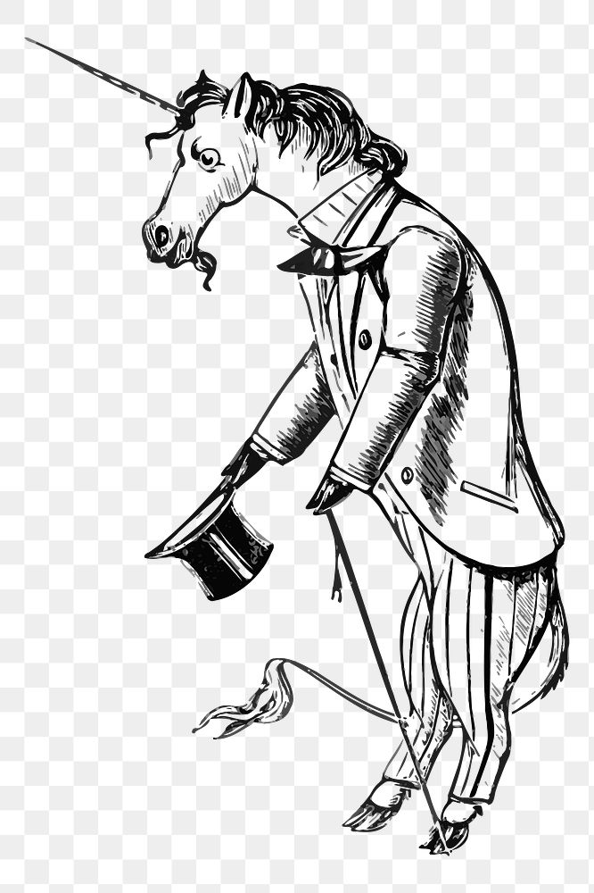Png unicorn wearing suit sticker, vintage cartoon illustration, transparent background. Free public domain CC0 image.