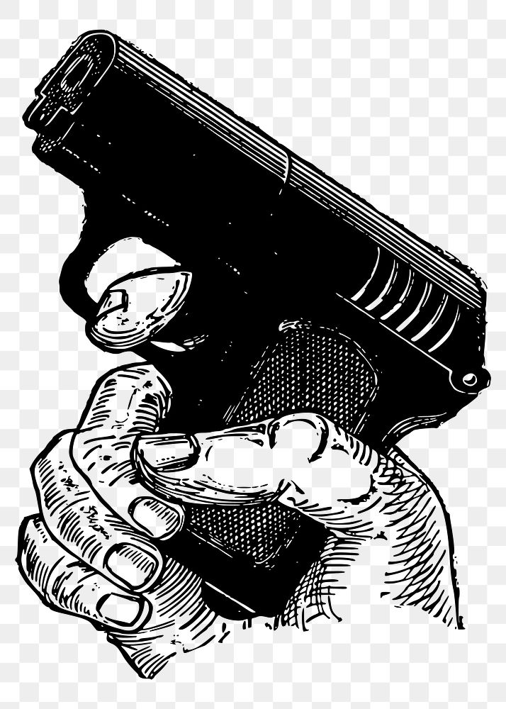 Png hand holding gun sticker, vintage weapon illustration, transparent background. Free public domain CC0 image.