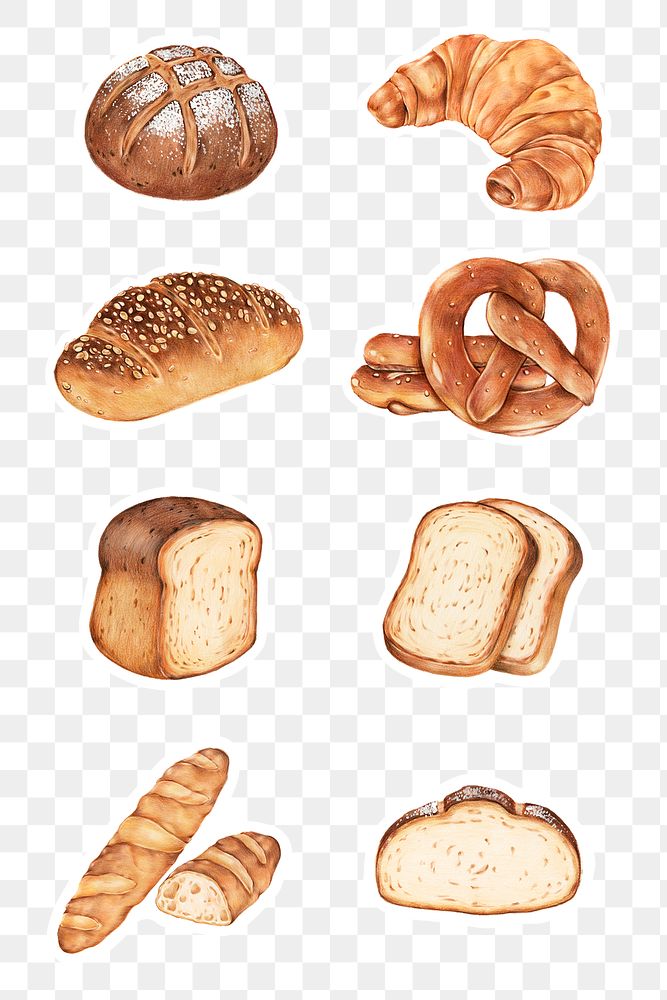 Golden brown bread sticker png illustration set 