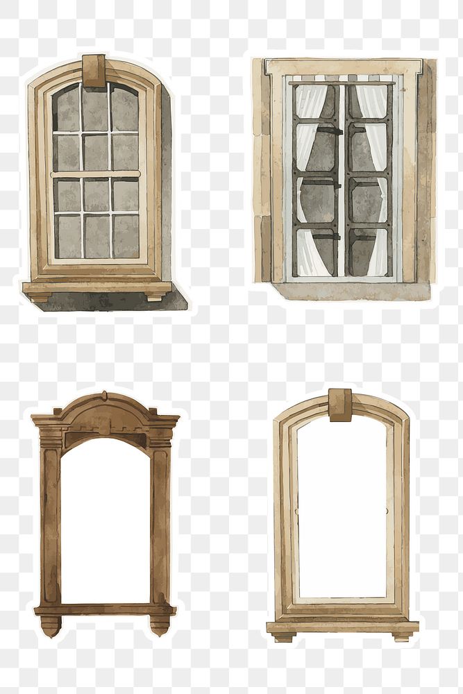 Old window architecture watercolor png illustration set