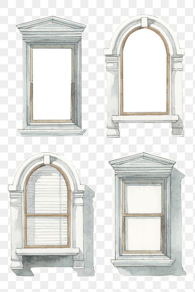 Png vintage European window architecture watercolor illustration set