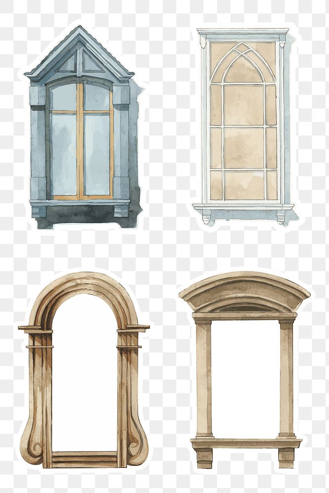 Old window architecture png set watercolor illustration