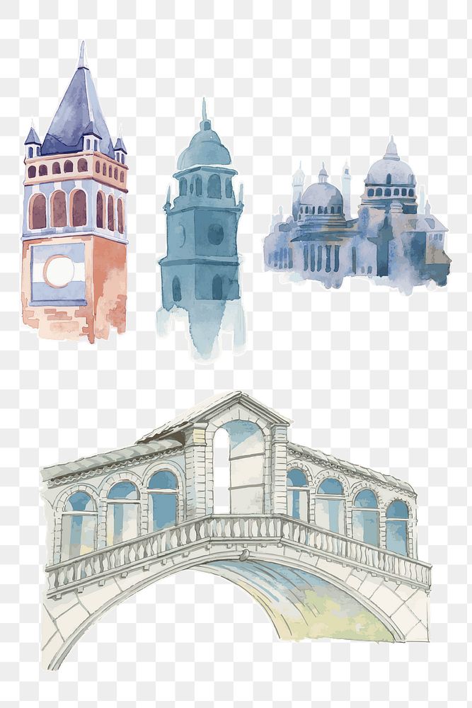 Png old European architecture watercolor illustration set 