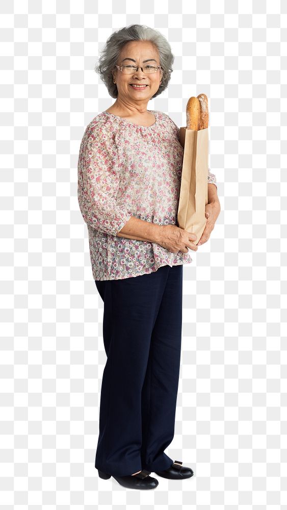 Happy senior woman holding a baguette transparent png