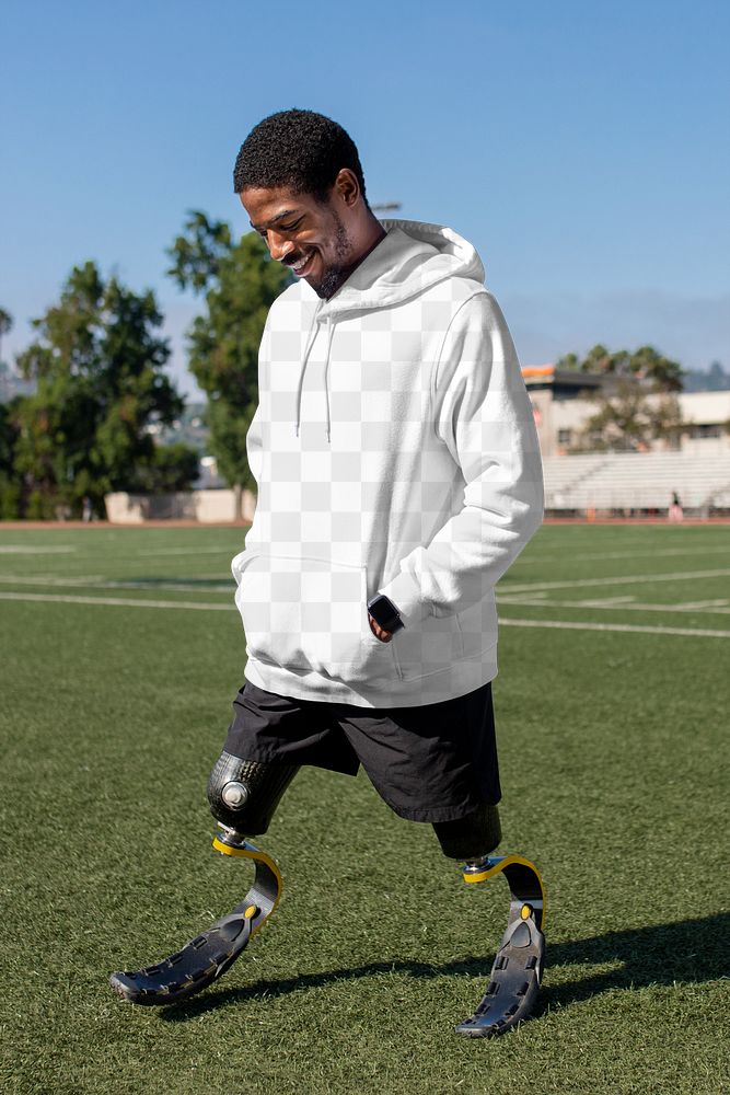 Hoodie mockup png transparent on male athlete with prosthetic leg
