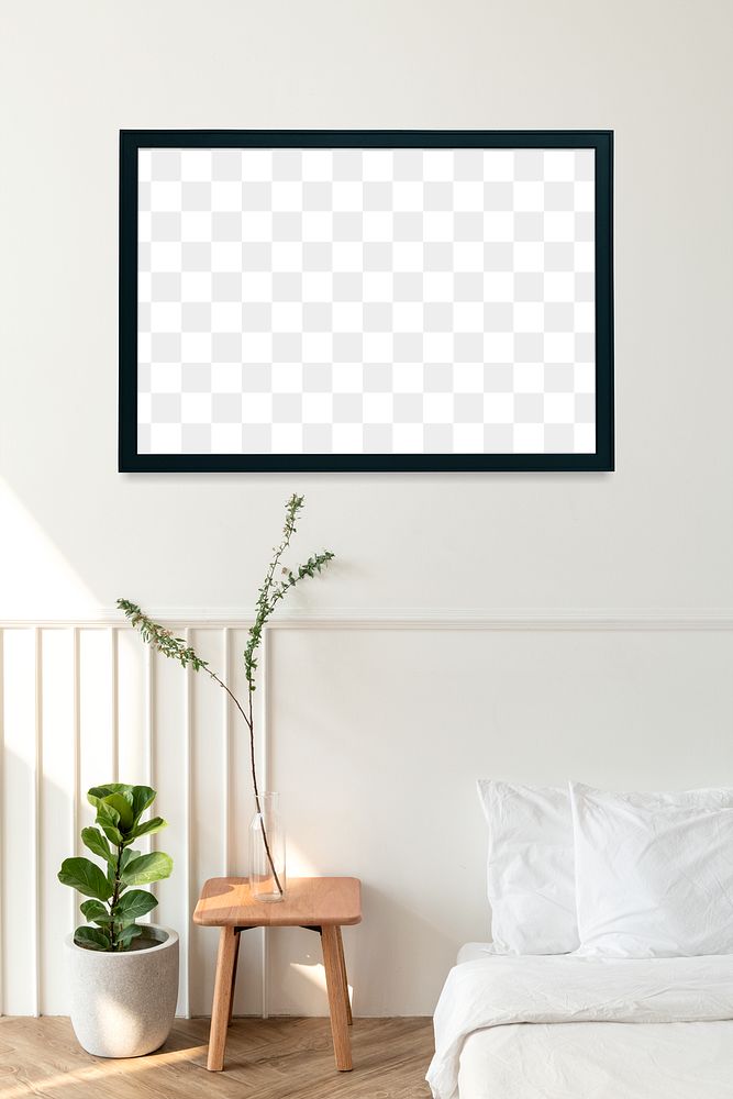 Black picture frame mockup in a white bedroom