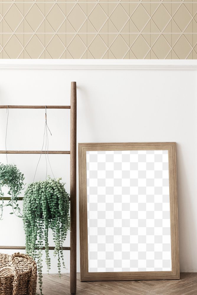 Picture frame mockup by a wooden ladder