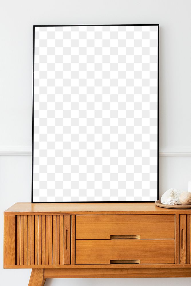 Picture frame mockup on a wooden sideboard table 