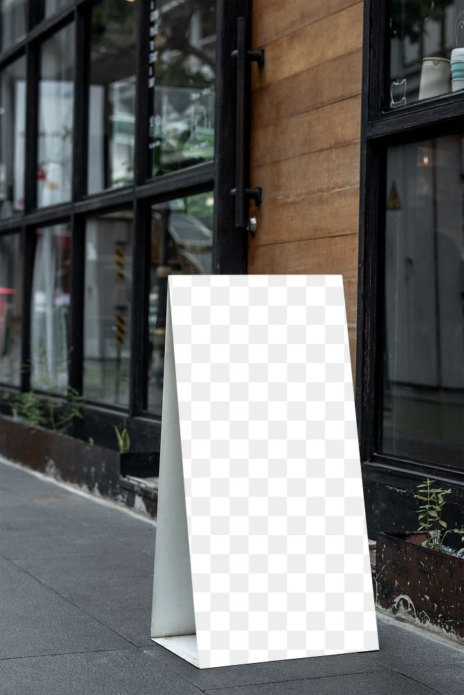 Transparent board mockup png on the sidewalk outside a restaurant