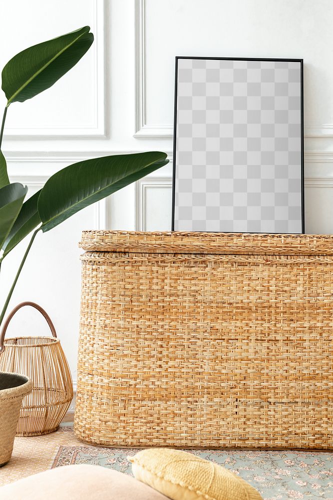 Picture frame mockup png on a rattan chest