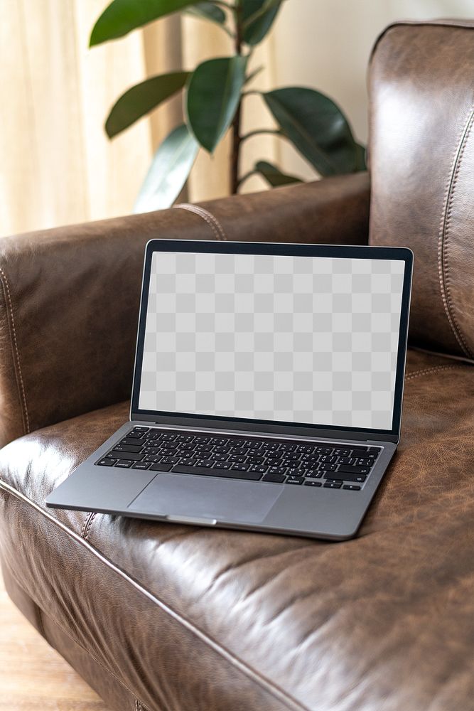 Laptop screen mockup png with transparent background on a leather couch