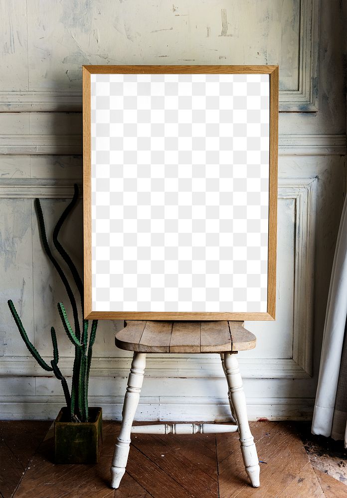 Photo frame mockup on a chair transparent png